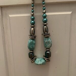 Silver and Blue with Hints of Green Beaded Necklace with Elegant Design